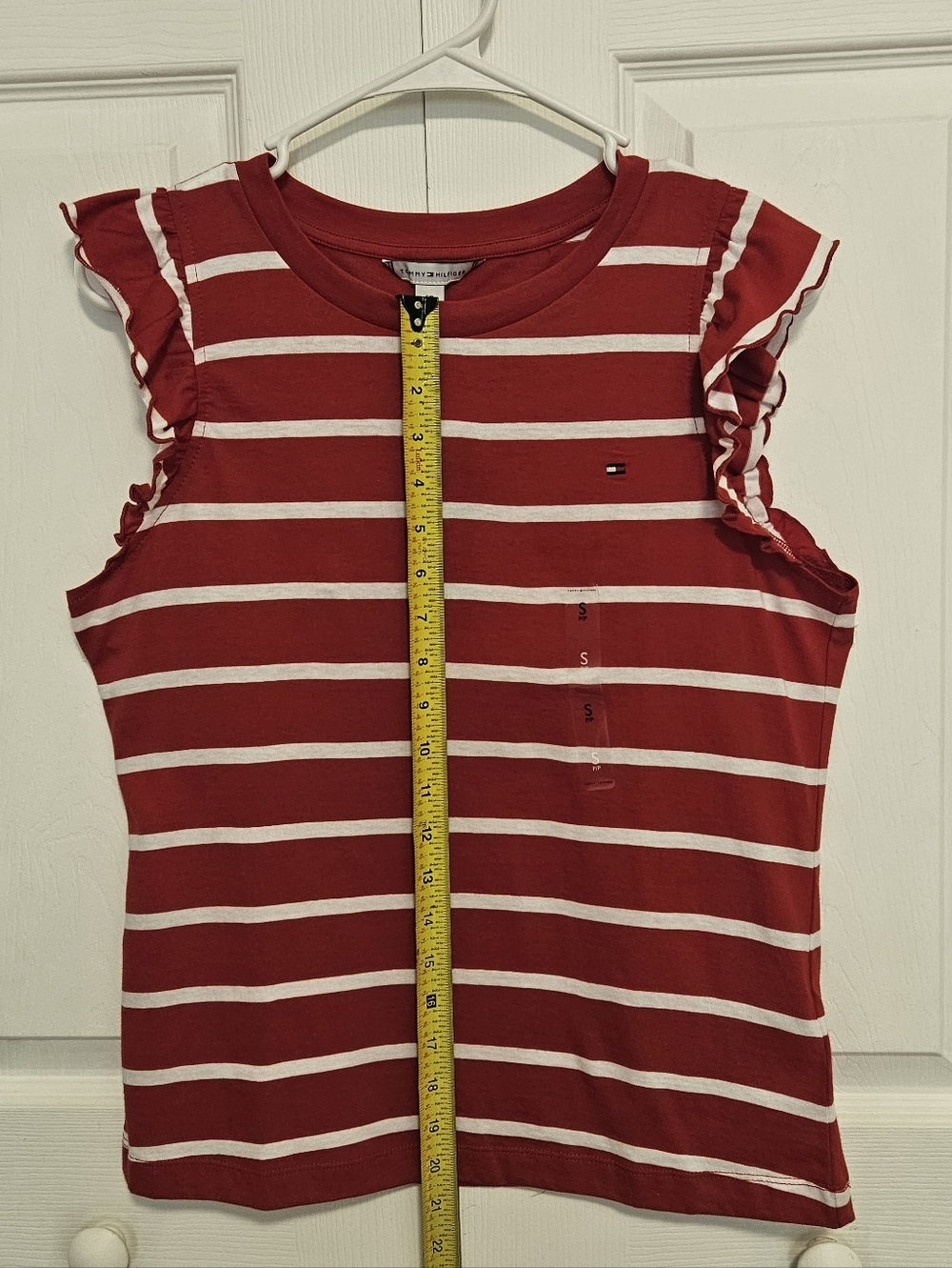 Tommy Hilfiger Red and White Striped Ruffle Flutter Sleeve Shirt Women's Size S - Picture 6 of 6